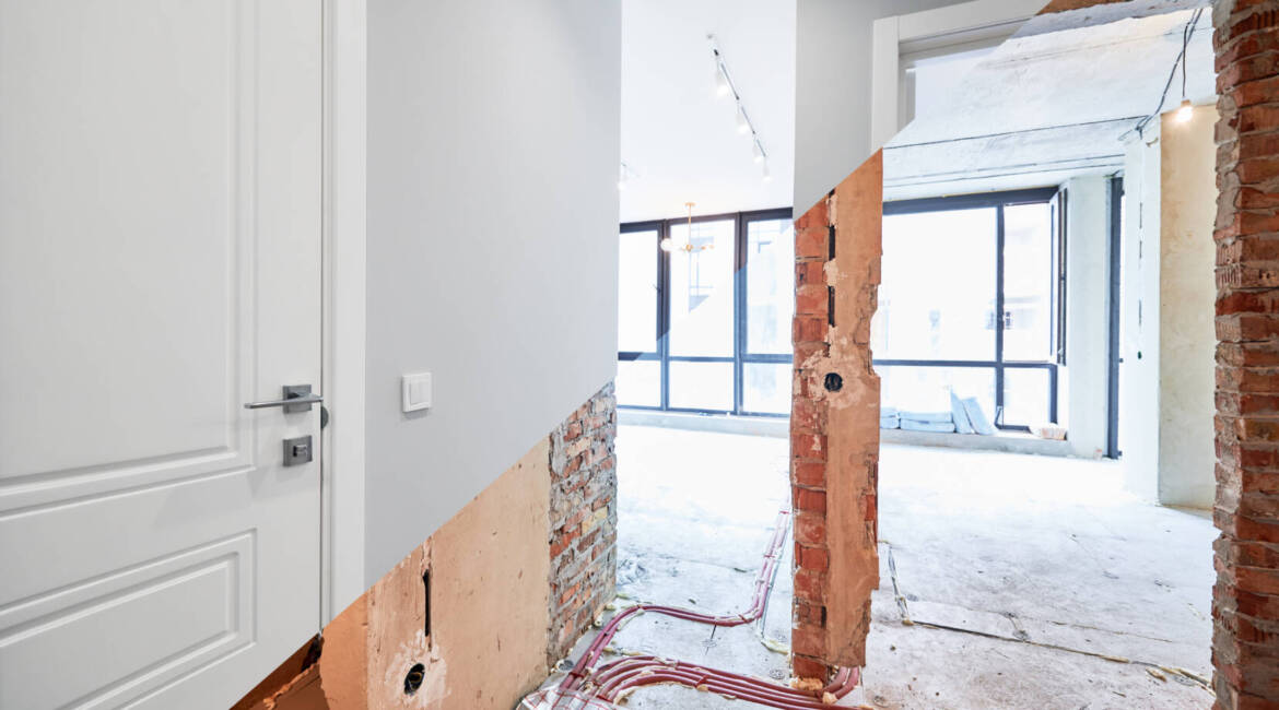 Living room and bedroom with large windows and doors before and after refurbishment or restoration. Old apartment before renovation and new renovated flat with parquet floor and furniture.